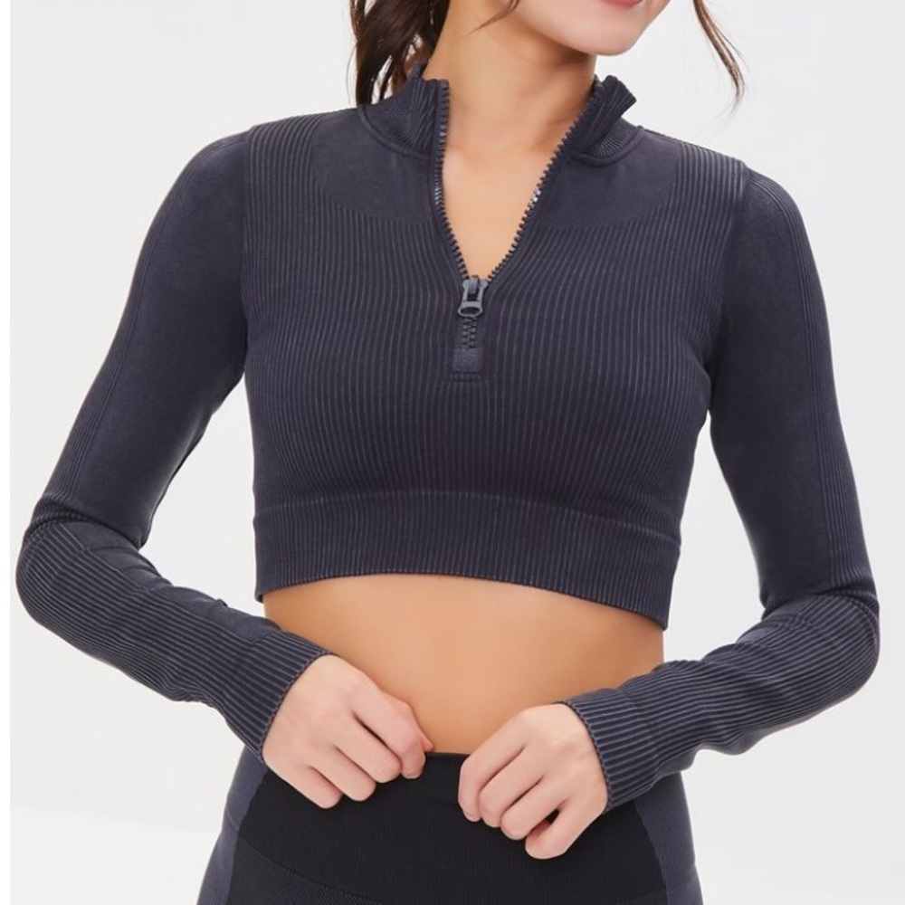 Charcoal Quarter Zip Athletic Long Sleeve Crop Top